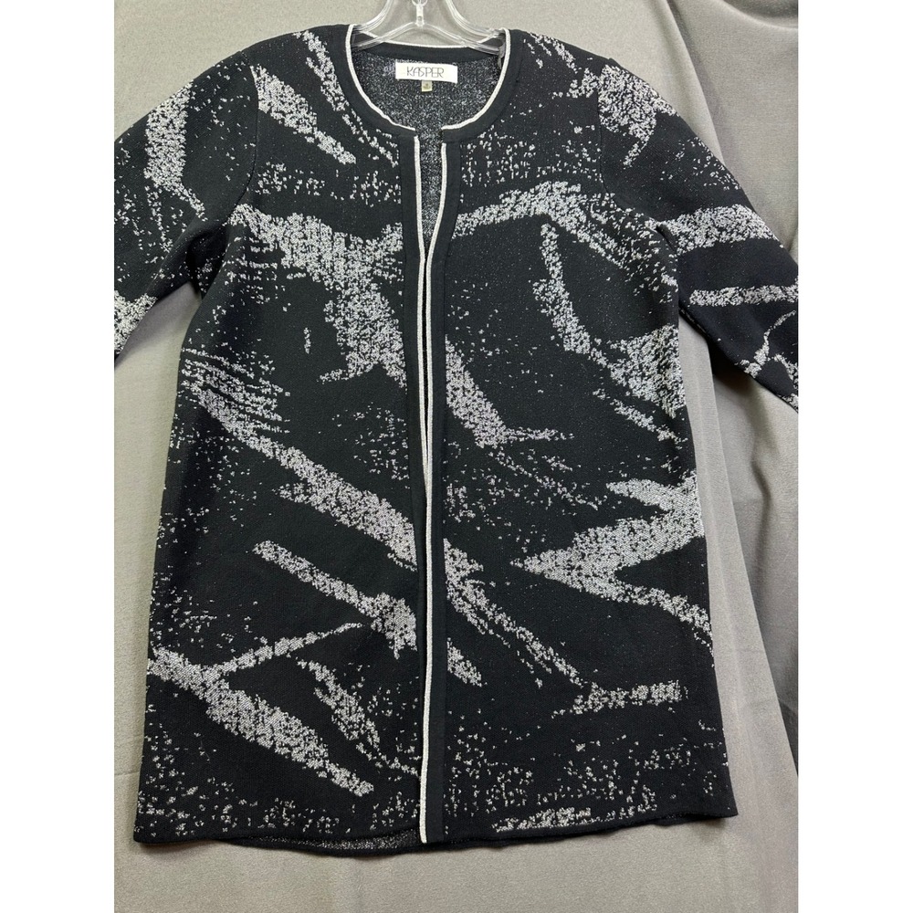 Kasper Women's‎ Black Silver Metallic Abstract Open Front Longline Cardigan XL